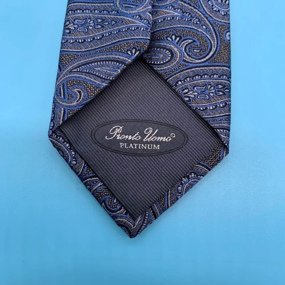 Pronto Uomo Platinum Blue Paisley 100% Silk Luxury Men's Classic Neck Tie